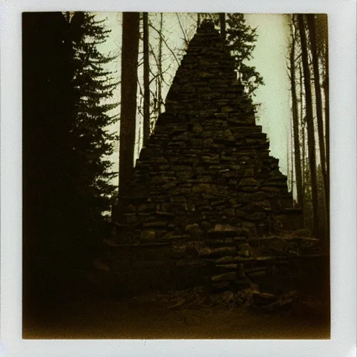 Image similar to a stone pyramid in the middle of a forest clearing, foggy, eerie, creepy, unsettling, lost footage, old polaroid, expired film,