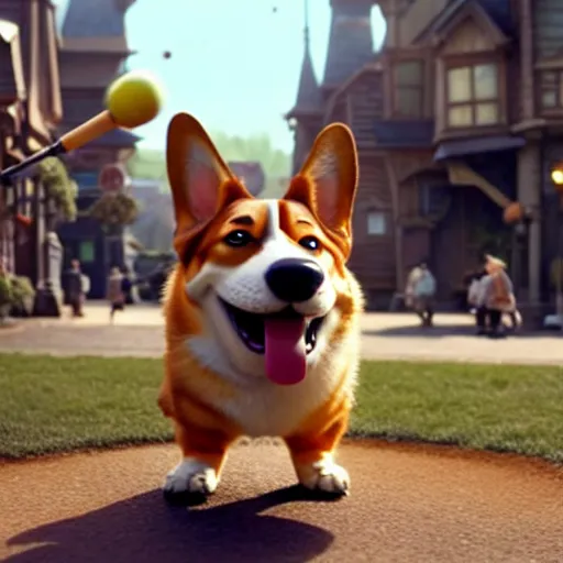 Image similar to weta disney pixar movie still photo of funny corgi with baseball bat : : dog by pixar : : giant sign that says bonk : : by weta, greg rutkowski, wlop, ilya kuvshinov, rossdraws, artgerm, octane render, iridescent, bright morning, anime, liosh, mucha : :