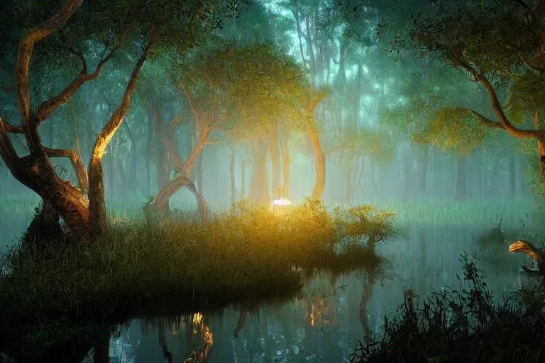 Image similar to a peaceful mangrove tree swamp at night with glowing fireflies, landscape painting, romanticism style, volumetric lighting, unreal engine, cinematic, trending on artstation