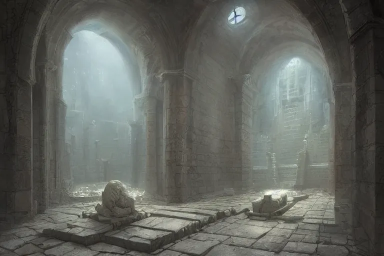 Prompt: A beautiful hyper realistic detailled matte painting of a empty room in a crypt, a broken statue of an ancient god, by John Howe and Moebius and Bastien Lecouffe Deharme and Andreas Rocha, trending on artstation