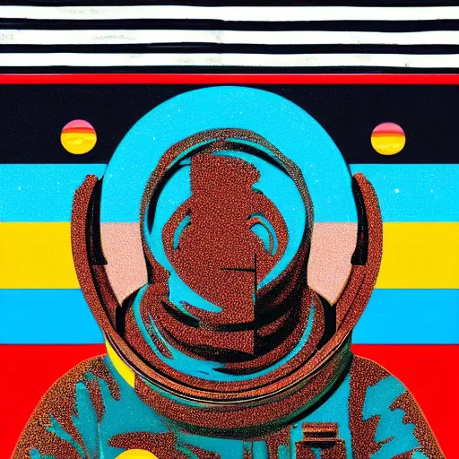 Image similar to A beautiful digital art of a astronaut standing on a planet with a flag in the background. copper verdigris by Steve Lieber, by Okuda San Miguel lavish