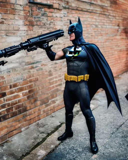 Image similar to happy batman firing super soaker water gun at playful criminals in an alleyway, everyone having fun, product advertisement, photography