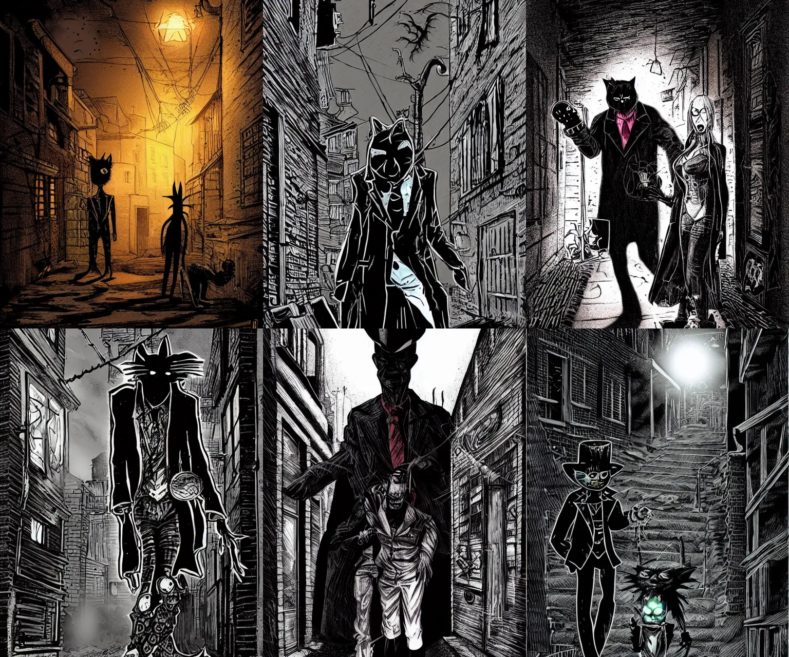 Prompt: black cat-style voodoo doll in a dark alley with a ominous shadow of a man in trench coat in background, style of Clive Barker horror comic book illustration, volumetric lighting, highly detailed