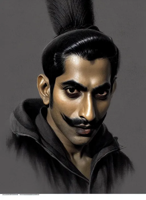 Image similar to portrait of an indian man with a crooked nose and a confident expression, 1 9 6 0 s, black clothes, goth, punk, funk, intricate, elegant, highly detailed, digital painting, artstation, concept art, smooth, sharp focus, illustration, art by wlop, mars ravelo and greg rutkowski