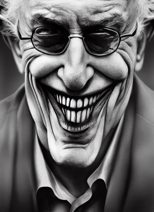 Image similar to photo of Bernie Sanders as the Joker by Lee Jeffries , big smile, head shot, detailed, award winning, Sony a7R, trending on artstation