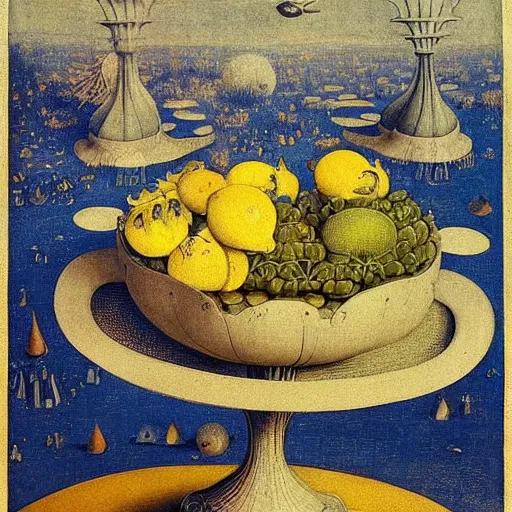 Image similar to fractal vintage alien valley disk quail uth urn lemon, by pieter bruegel the elder and banksy and yves klein, an art deco, detailed painting, rococo