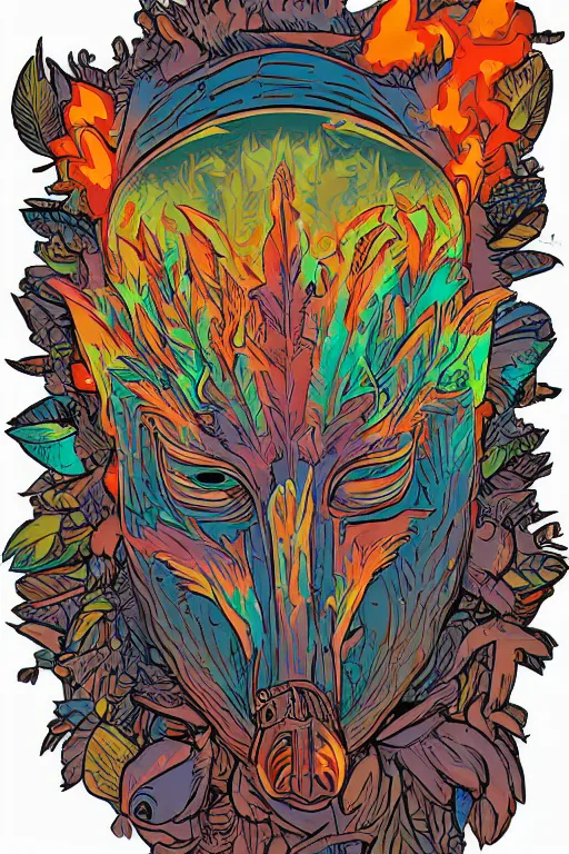 Image similar to animal mask totem roots flower tribal feather gemstone plant wood rock shaman vodoo video game vector cutout illustration vivid multicolor borderlands comics by josan gonzales and dan mumford radiating a glowing aura