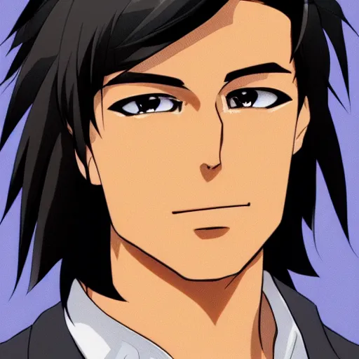 Image similar to A masculine middle aged man with tan skin, brown eyes, and hip-length, shiny, black hair, anime, manga