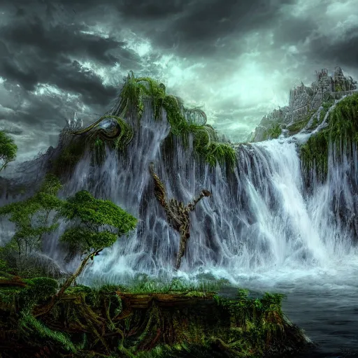 Image similar to waterfall of abomination soulstream, in the style of alejandro mirabal, dramatic, tragic, intricate, detailed, beautiful, 8 k resolution