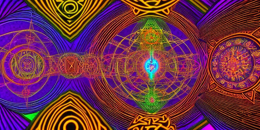 Image similar to dmt spirits, sacred non - euclidean geometric buildings housing dmt time elves, psychedelic architecture, soul frequency, 8 k resolution, highly detailed,