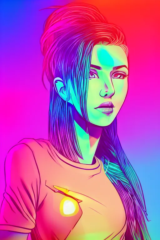 Image similar to a award winning half body portrait of a beautiful woman with stunning eyes in a croptop and cargo pants with rainbow colored ombre hairstyle head in motion and hair flying by thomas danthony, outlined by whirling illuminated neon lines, microphone, outrun, vaporware, shaded flat illustration, digital art, trending on artstation, highly detailed, fine detail, intricate