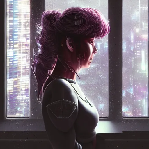 Image similar to portrait of cyberpunk woman looking out of a window, cyberpunk setting, futuristic, highly detailed, intricate lighting, digital painting, sharp focus, illustration, trending on artstation, art by magali villenueve.