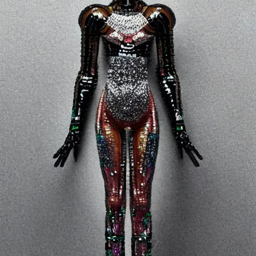 Prompt: a human in a full body suit. made of glass and crystals. cyber punk. super intricate. very very detailed. hyper realistic. inspired by nick cave's sound suits.