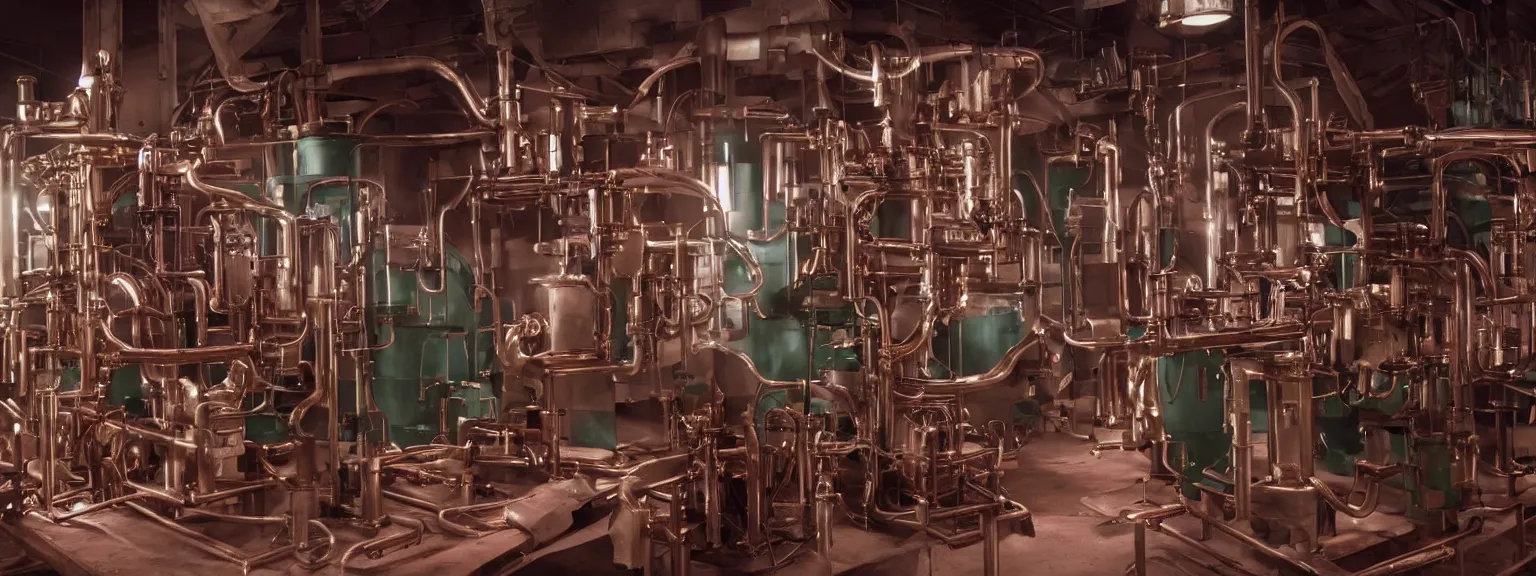 Image similar to a super high resolution film still of machine apparatus for making snake oil, huge copper machine fed by a hopper of snakes, purple and green pipework, directed by denis villeneuve, 8 k, snake machine, cinematic lighting