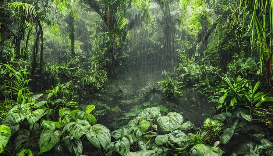 Image similar to a rainy foggy jungle, river with low hanging plants, there is a giant christal in the water, it is glowing, great photography, ambient light