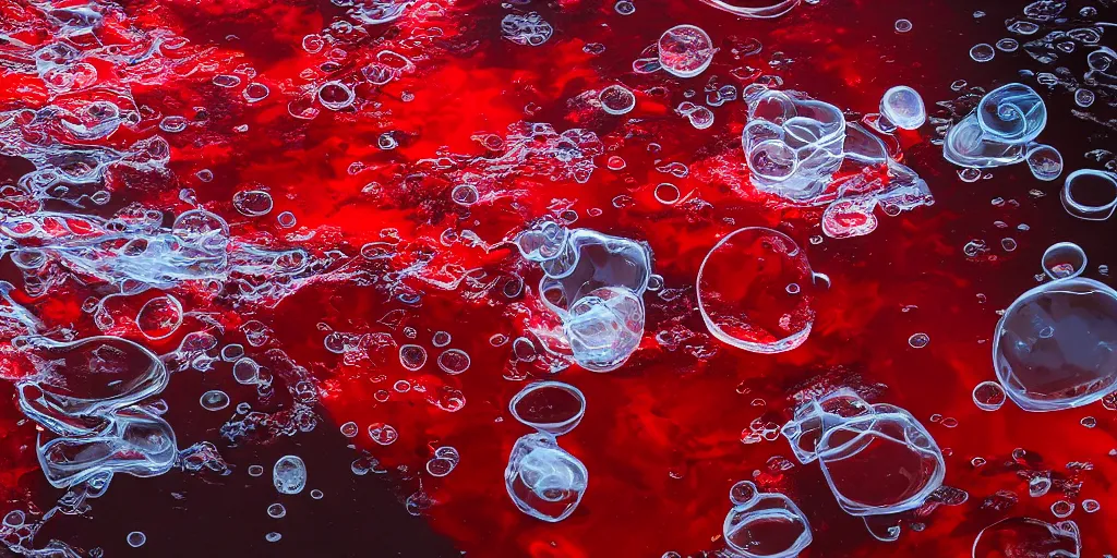 Image similar to scientific studio photograph of a clear water solution attempting to mix with red oil, with bubbles and unmerging layered systems. artstation hq, 8 k