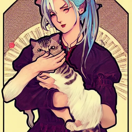 Prompt: Ciri holding a cat, manga style, expressive comic art, trending on artstation, digital art, by Alphonse Mucha, highly detailed