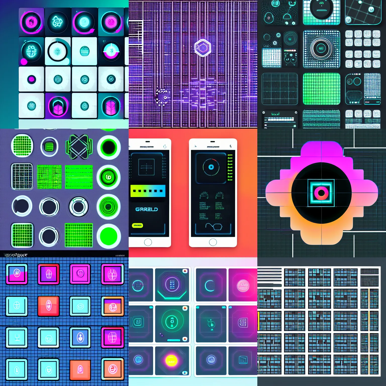 Prompt: grid tech ui design, futuristic, acid, retro