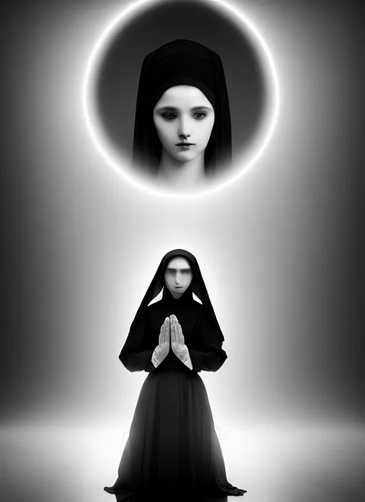 Image similar to surreal mythical dreamy dark artistic black and white fine art fashion portrait photo of a young beautiful delicate female robot - nun praying, spiritual, halo, glory, rim light, cinematic, studio dramatic light, poetic, masterpiece, octane render, 8 k, photo - realistic by gustave dore william bouguereau