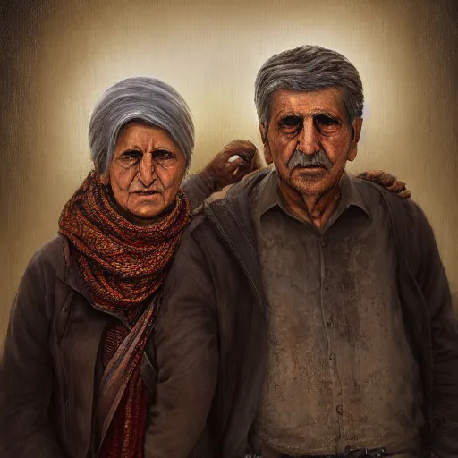 Image similar to hyperrealistic mixed media high resolution image of two Kurdish grandparents, stunning 3d render inspired art by István Sándorfi and Greg Rutkowski and Unreal Engine, perfect symmetry, dim volumetric lighting, 8k octane beautifully detailed render, post-processing, extremely hyper-detailed, intricate, epic composition, highly detailed attributes, highly detailed atmosphere, full body shot, cinematic lighting, masterpiece, trending on artstation, very very detailed, masterpiece, stunning, flawless structure, lifelike texture, perfection,