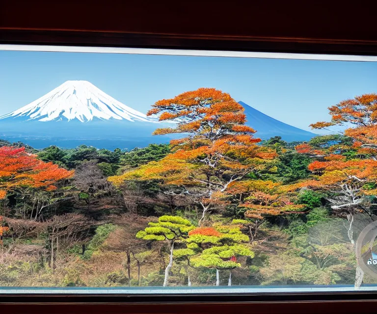 Image similar to a photo of mount fuji, among beautiful japanese landscapes, seen from a window of a train. dramatic lighting.