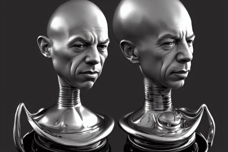 Image similar to silver egg cup, vin diesel head in egg cup, hyper detailed, digital art, artstation, cinematic lighting, studio quality, smooth render, by hajime sorayama, boris vallejo, craig mullins, artgerm, caravaggio