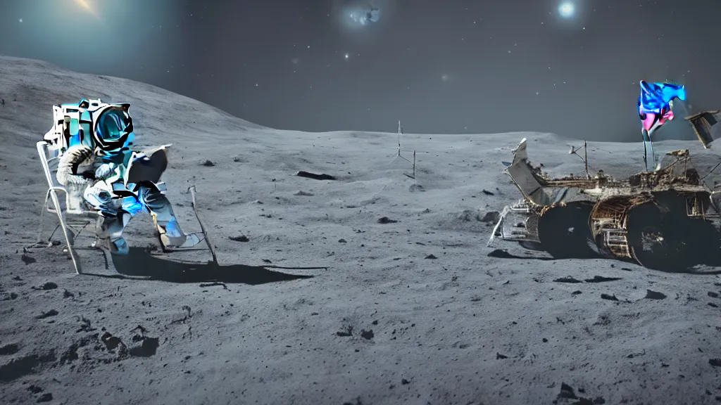 Image similar to A highly photographic render of astronaut on the Moon, sitting on a lawn chair reading a book facing planet Earth, rim lighting, cinematic lighting, octane engine, photo realistic image, 4K, super detailed, cinematic look