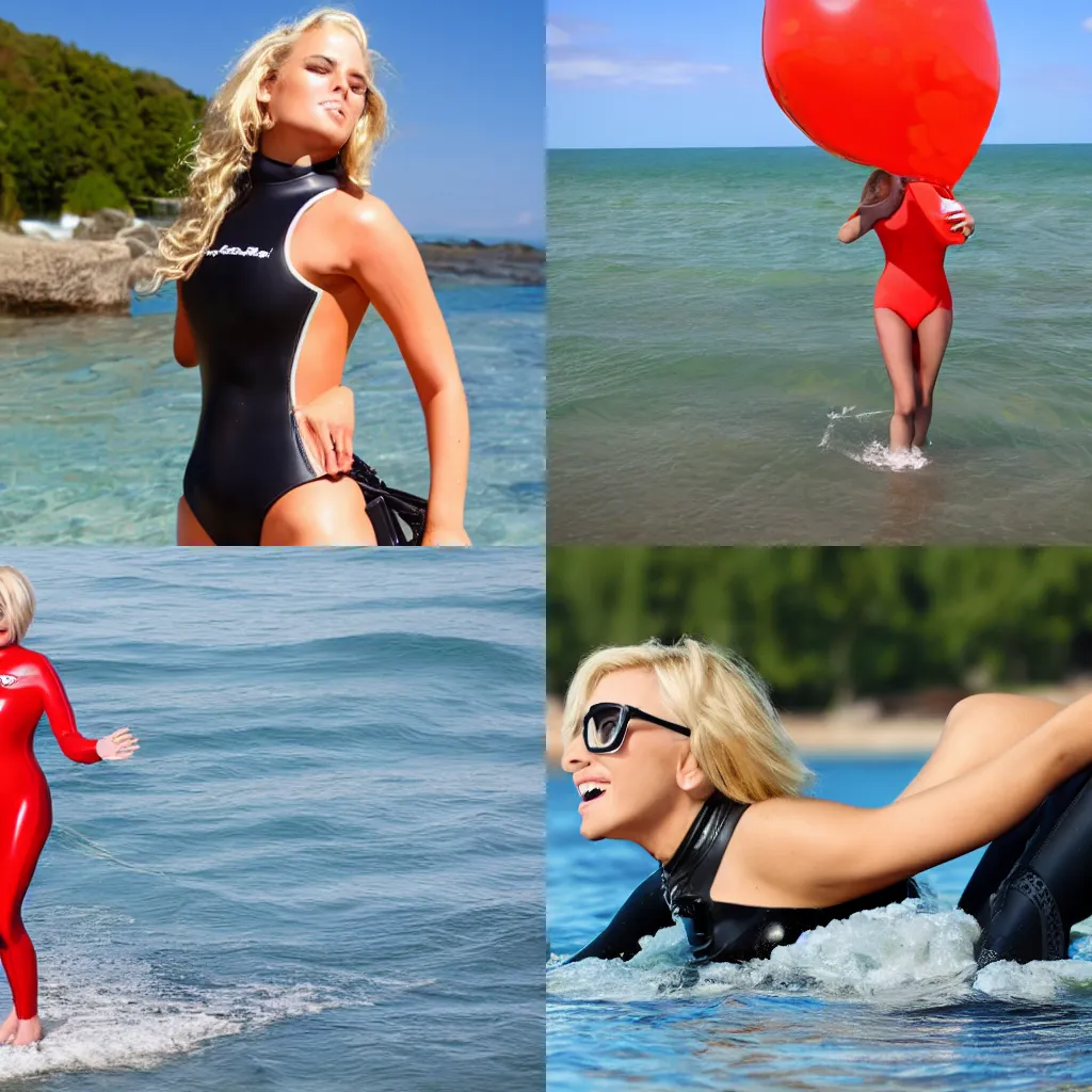 Prompt: Blonde woman in a wetsuit blowing up like a balloon