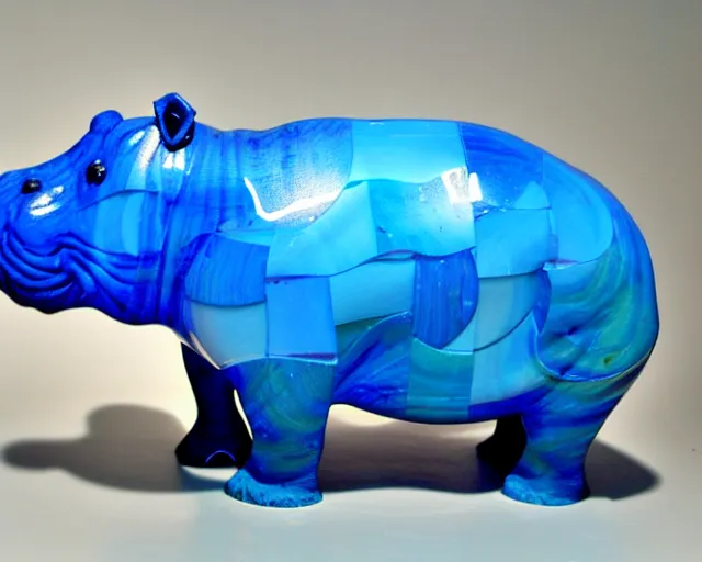 Prompt: a sculpture of hippo baby, bottom half wood carved, top half blue translucid resin epoxy, cubic blocks, side view centered, mixmedia, transparent,
