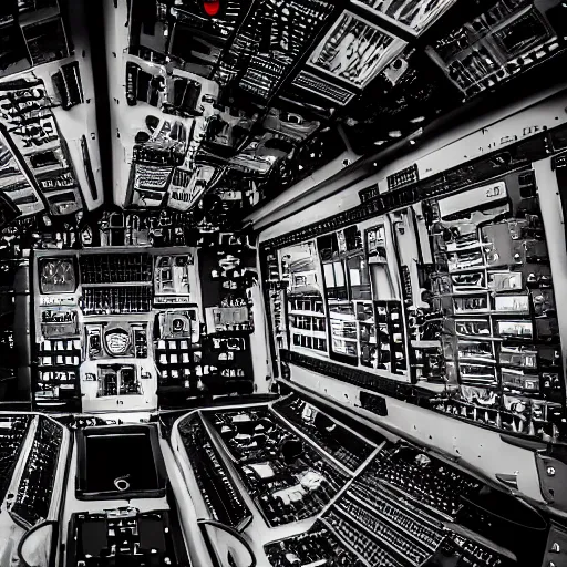 Prompt: inside of an aircraft controller tower, black and white, ultra detailed, high contrast, 4 k, comic book art style