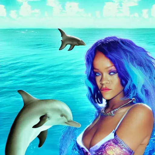 Prompt: rihanna in the ocean with seapunk dolphins, seapunk, creative photo manipulation, creative photoshop, digital art