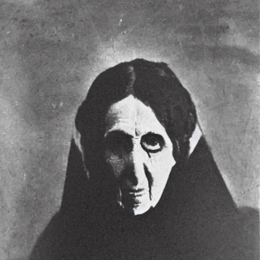 Prompt: black and white grainy newspaper photo from 1898 of an old spooky lady in black suit, horror, high detail