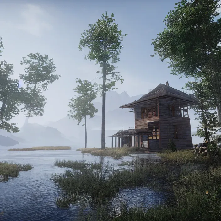 Image similar to a building in a serene landscape, unreal engine