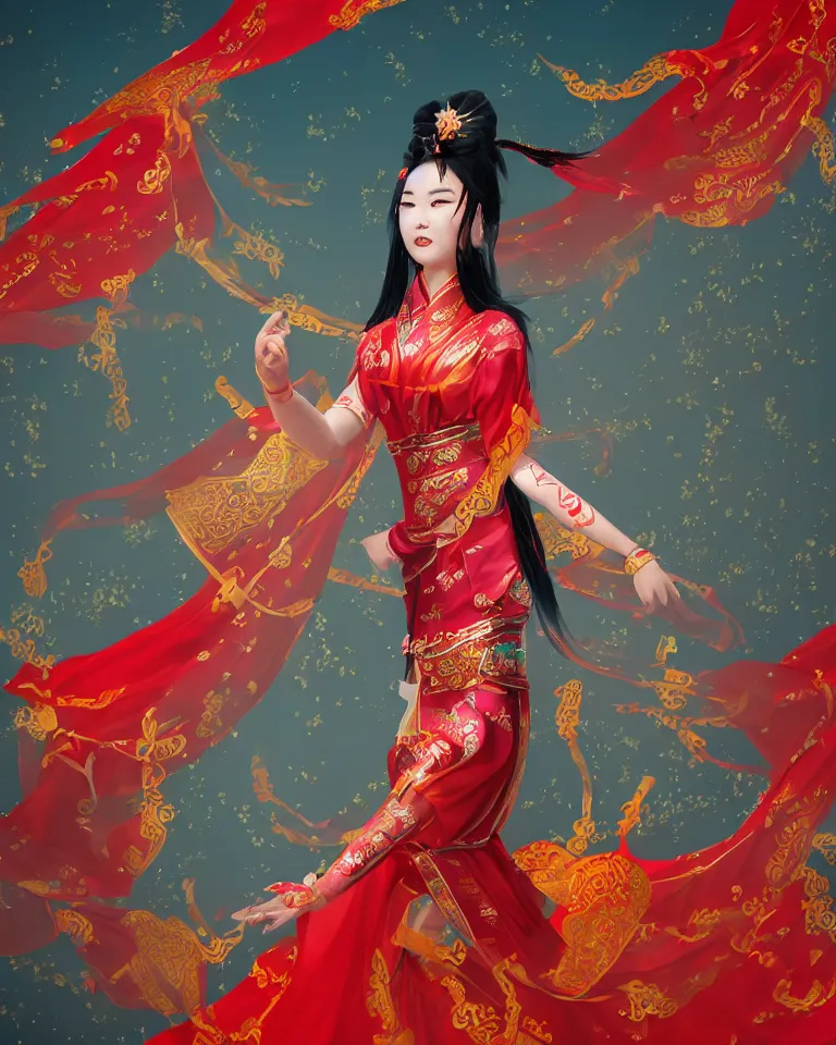 Prompt: a goddess in chinese mythological dance in the air, tang dynasty costume, silk streamers, gorgeous, tarot card, red background, unreal engine, artstation