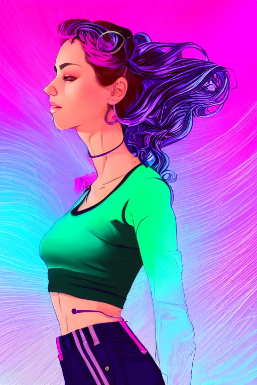 Image similar to a award winning half body portrait of a beautiful woman in a croptop and cargo pants with ombre purple pink teal hairstyle surrounded by whirling illuminated lines, outrun, vaporware, shaded flat illustration, digital art, trending on artstation, highly detailed, fine detail, intricate