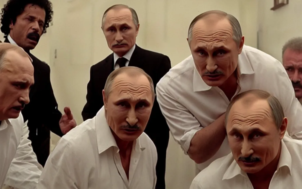 Image similar to horror film human centipede with lukashenko putin gaddafi in roles movie screenshot