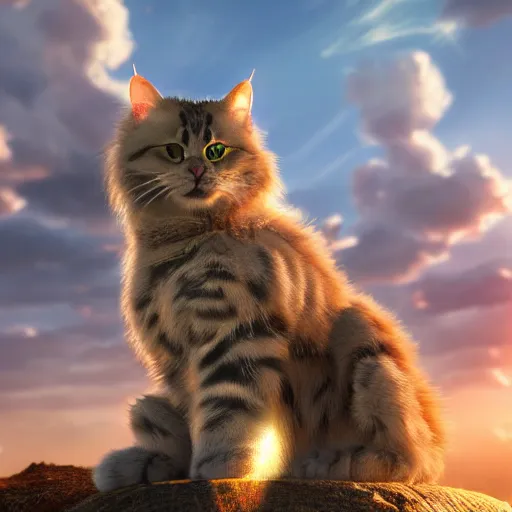 Image similar to colossal fluffy tabby cat going super saiyan, golden hour, fantasy, sharp focus, digital art, hyper realistic, 4 k, unreal engine, highly detailed, hd, dramatic lighting by brom, trending on artstation