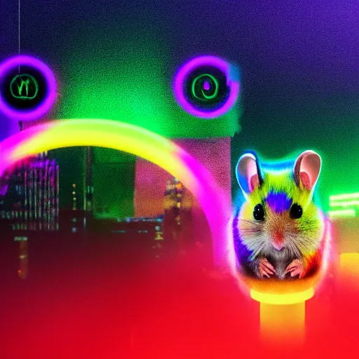 Image similar to hamster with rainbow fur in a cyberpunk city with bright neon lights, 8 k, hd, light reflection