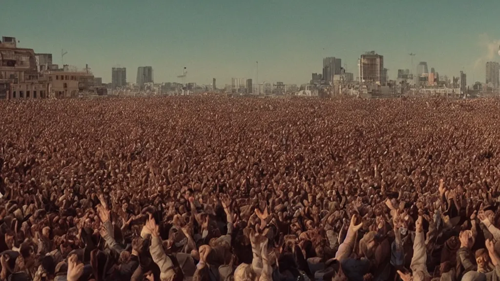 Image similar to movie still of a crowd waving saying good morning, cinematic composition, cinematic light, by alejandro jodorowsky