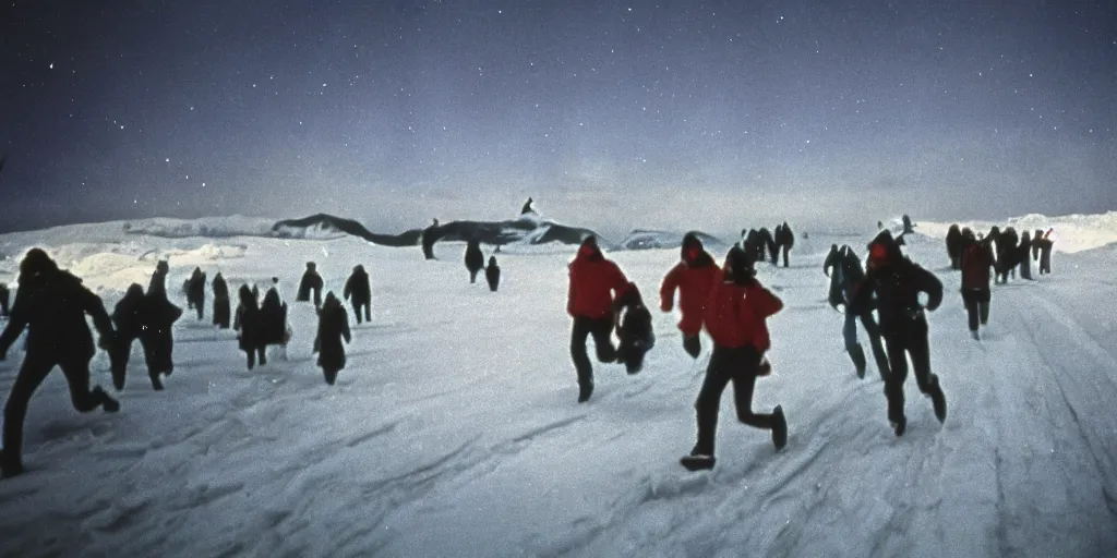 Image similar to filmic wide shot dutch angle movie still 35mm film color photograph of a crowd of people wearing snow clothing running terrified outside in antarctica, blood flying in the air, aurora borealis in the sky, in the style of a 1982 horror film