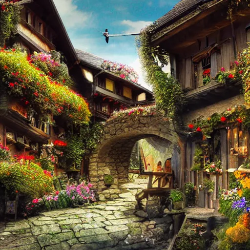 Image similar to my precious! - the hobbit - j. r. r. tolkien - a medieval village in switzerland, ornate, beautiful, atmosphere, vibe, flowers, concept art illustration, greg rutowski, volumetric lighting, sunbeams, particles