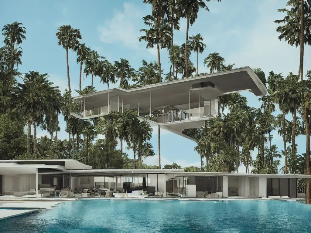 Image similar to “A mid-century stahl house in palm trees by Pierre Koenig, los angeles, trending on artstation, octane render, cgsociety, digital art”