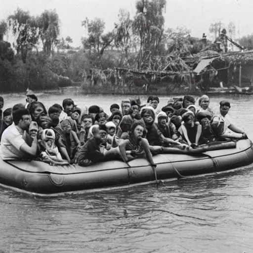 Image similar to a group of refugees on a raft, water ride amusement park, war photography