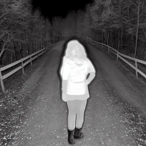 Prompt: chiaki nanami black and white haunted trailcam footage