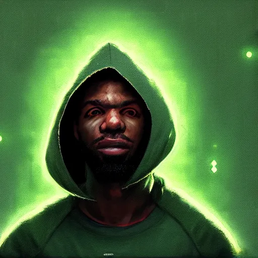 Prompt: portrait of a black man programmer with green hood by greg rutkowski, digital number in the background