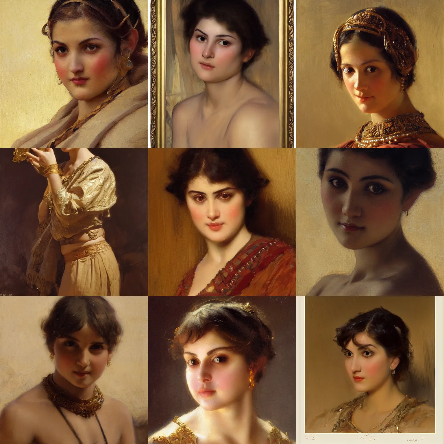 Prompt: cute young woman with short hair orientalism face detail by theodore ralli and nasreddine dinet and anders zorn and edwin longsden long, bronze age, sword and sorcery, oil on canvas, masterful intricate artwork, excellent lighting, high detail 8 k