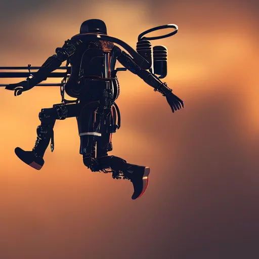 Prompt: man on a jetpack with springs instead of legs, cyberpunk, 4k,