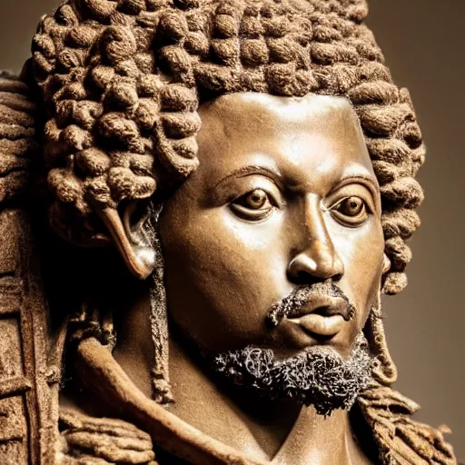 Image similar to east african man with curly hair as a marcus aurelius sculpture, intricate details, sharp focus