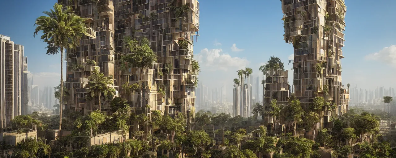 Image similar to contemporary golden babylon tower, sacred ancient architecture, hanging gardens, cascading highrise, arid mountains with lush palm forest, sunlight, post - production, octane, cgi, sfx