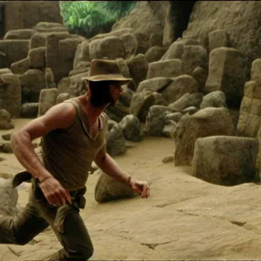 Image similar to Indiana Jones running from rolling boulder trap in ancient temple, raiders of the lost ark movie scene